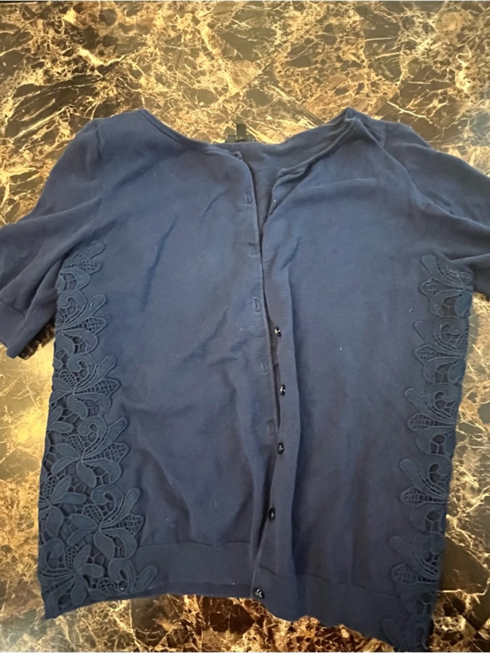 Talbots Navy Button-Front Top with Lace Side Panels